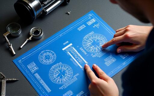 A technician reviewing a technical blueprint for a custom telescope