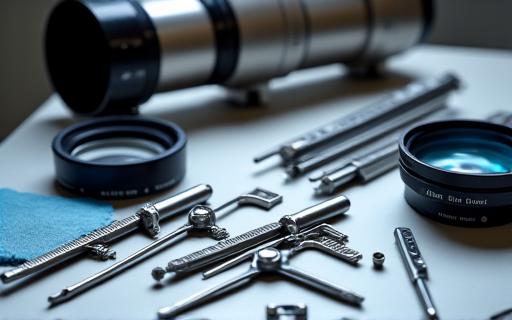 A workbench with precision tools for telescope repair